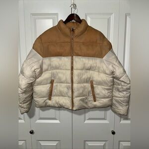 Time And Tru Women’s Color Block Puffer Jacket; Beige/brown, 1X (16-18W)